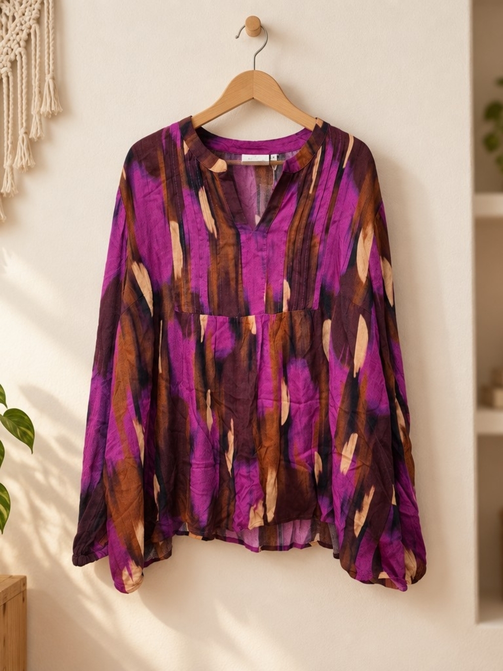 Boho Purple Abstract Long-Sleeve Tunic Top